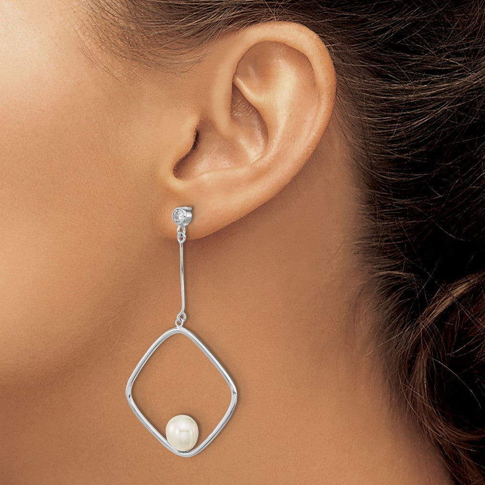 Sterling Silver Rhod-plated 7-8mm White Rice FWC Pearl CZ Dangle Earrings
