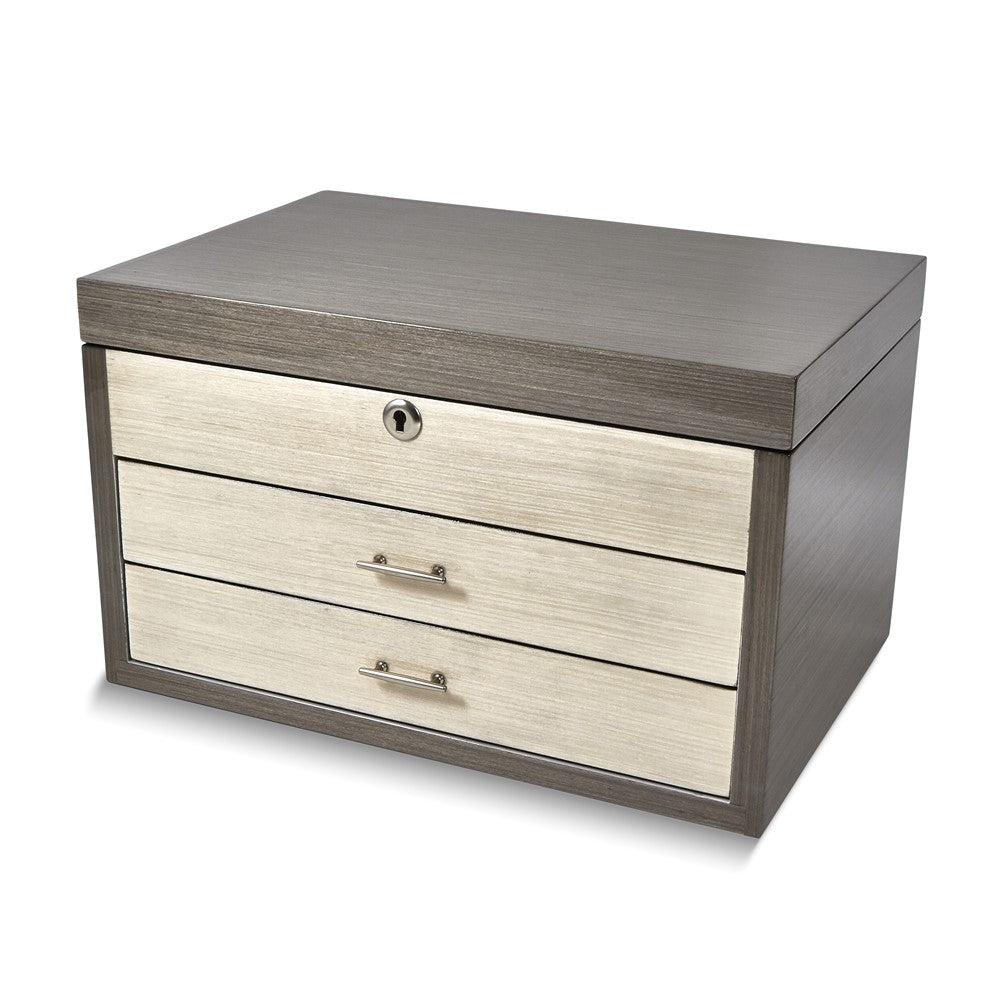 Matte Grey and White Finish 2-drawer Locking Wooden Jewelry Box