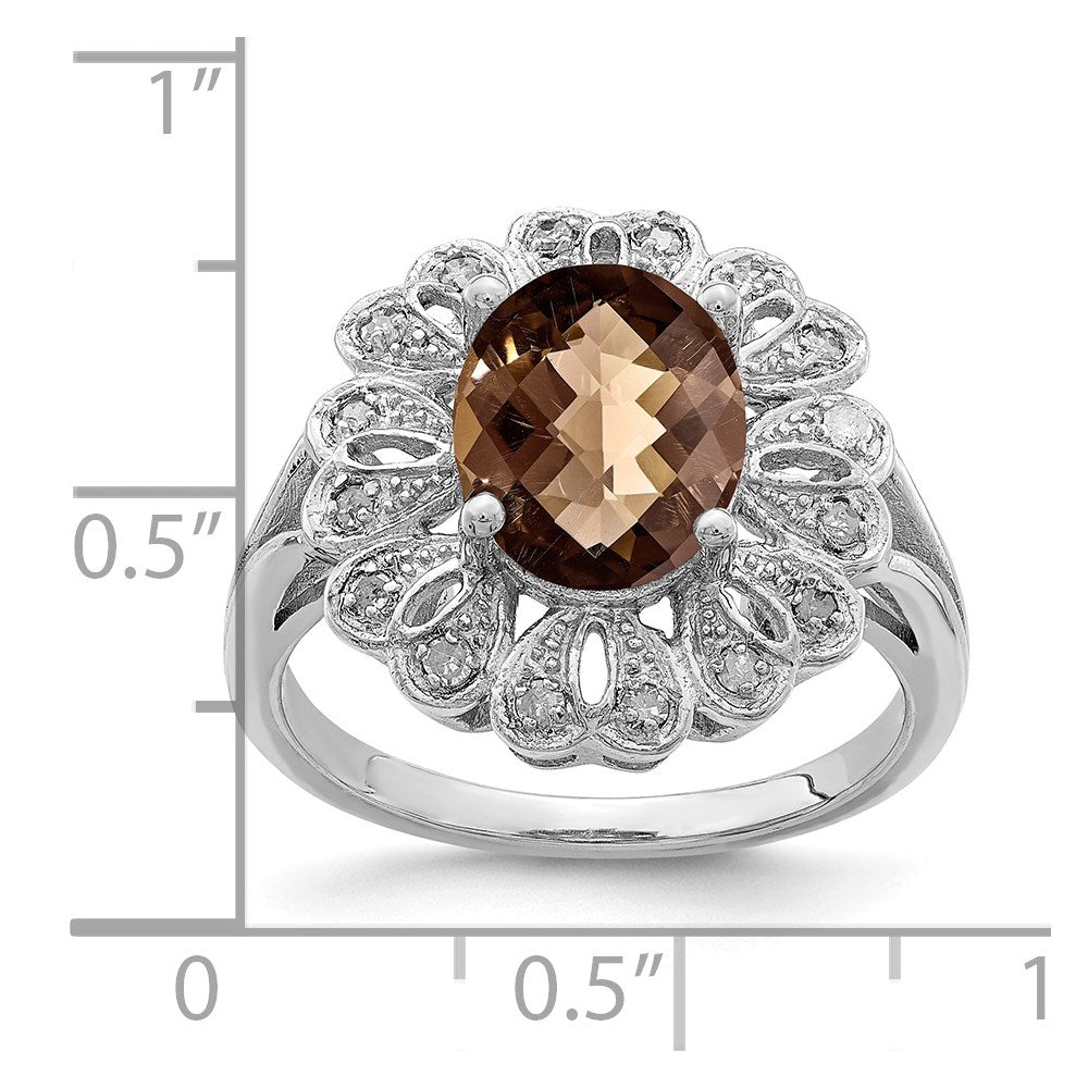 Sterling Silver Rhodium Diam. & Checker-Cut Smoky Quartz Ring