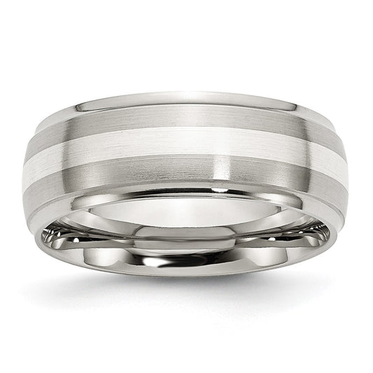 Stainless Steel Sterling Silver Inlay Brushed/Polished 8mm Ridged Edge Band Size - 13.5