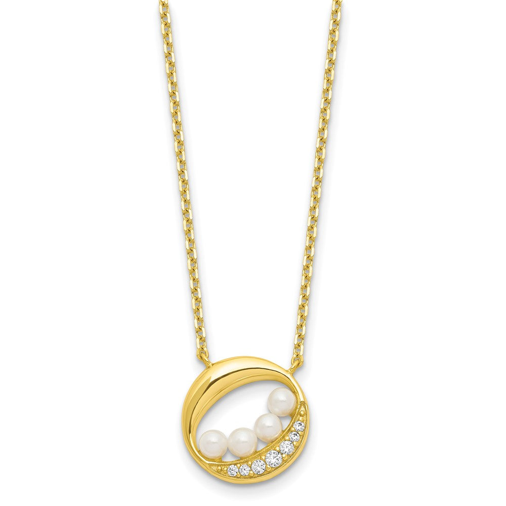 Sterling Silver Gold-tone CZ & Shell Pearl 2in ext Necklace 16 Inches