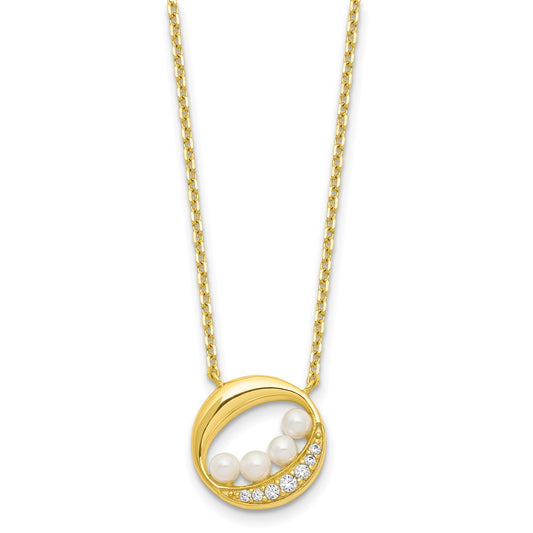 Sterling Silver Gold-tone CZ & Shell Pearl 2in ext Necklace 16 Inches