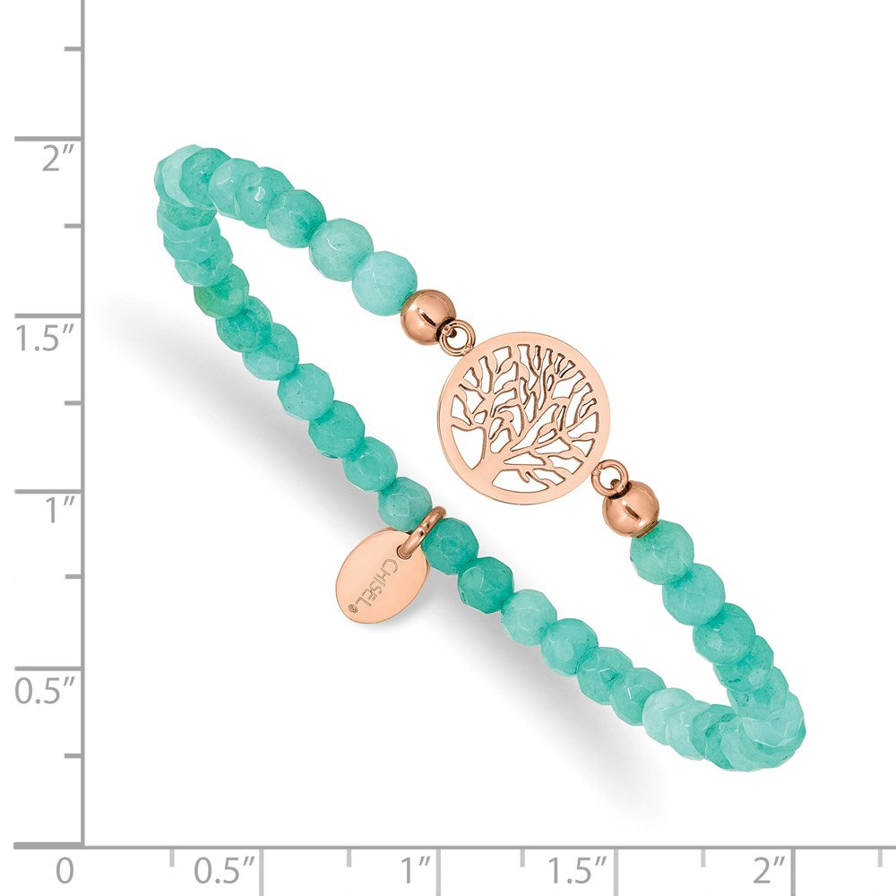 Stainless Steel Polished Rose IP Tree of Life Mint Jade Stretch Bracelet 6.5 inches