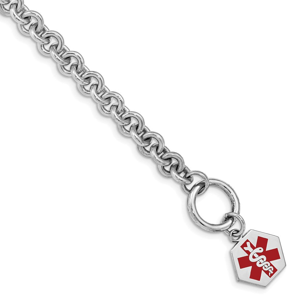 Sterling Silver Rhodium Engraveable Enamel Hexagon Medical ID Bracelet 7.75 inches