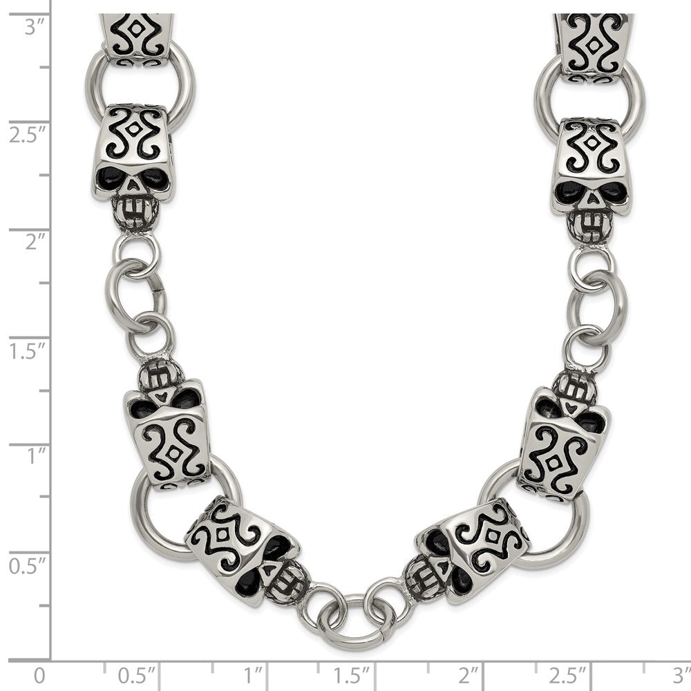 Stainless Steel Antiqued and Polished Skull 24in Necklace