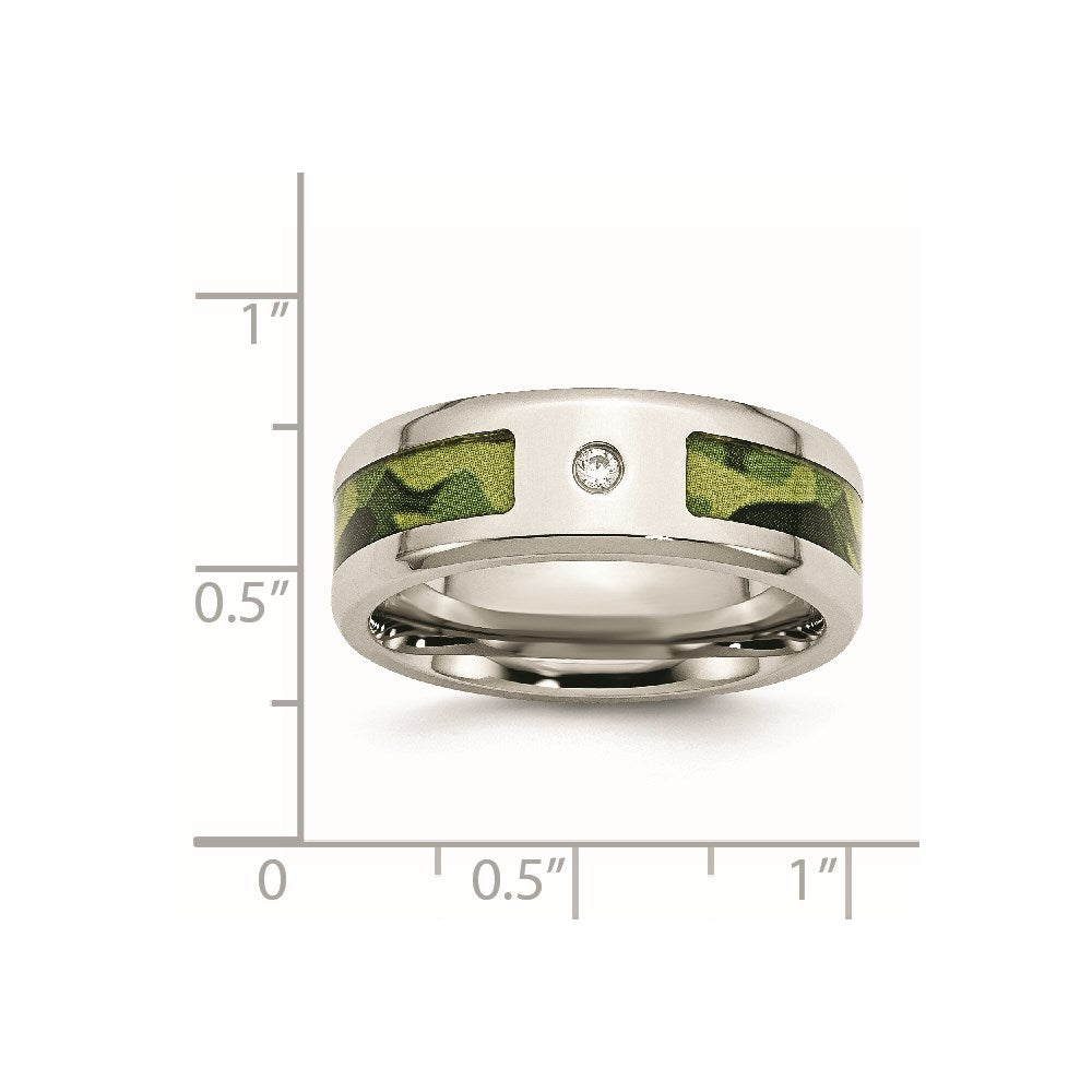 Stainless Steel Polished w/ CZ Printed Green Camo Under Rubber Band Size - 11