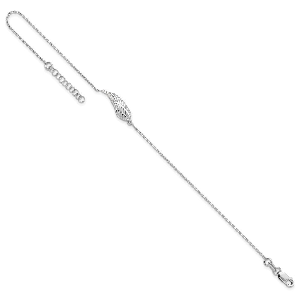 Sterling Silver RH-plated CZ Angel Wing 9in. Plus 1in. ext. Anklet