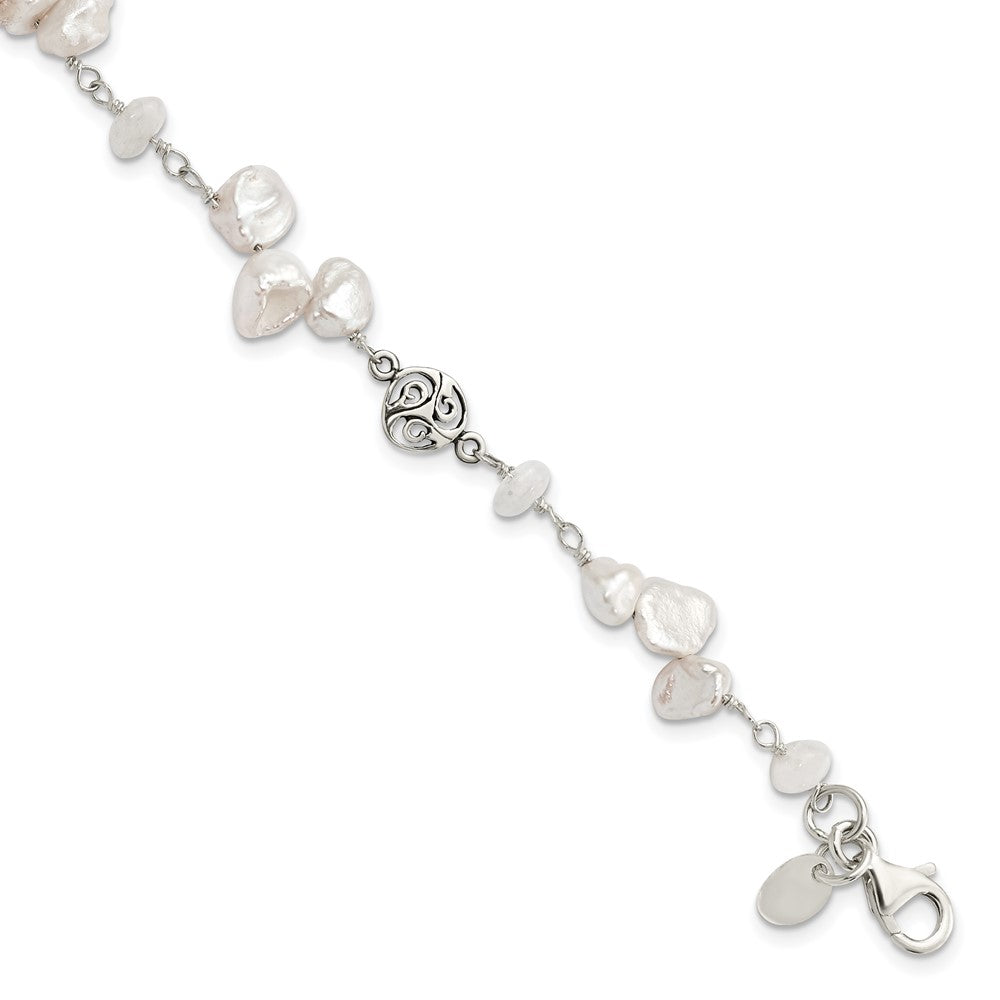 Sterling Silver FWC Keshi Pearl w/Moonstone 1in Ext. Fancy Bracelet 7.5 inches