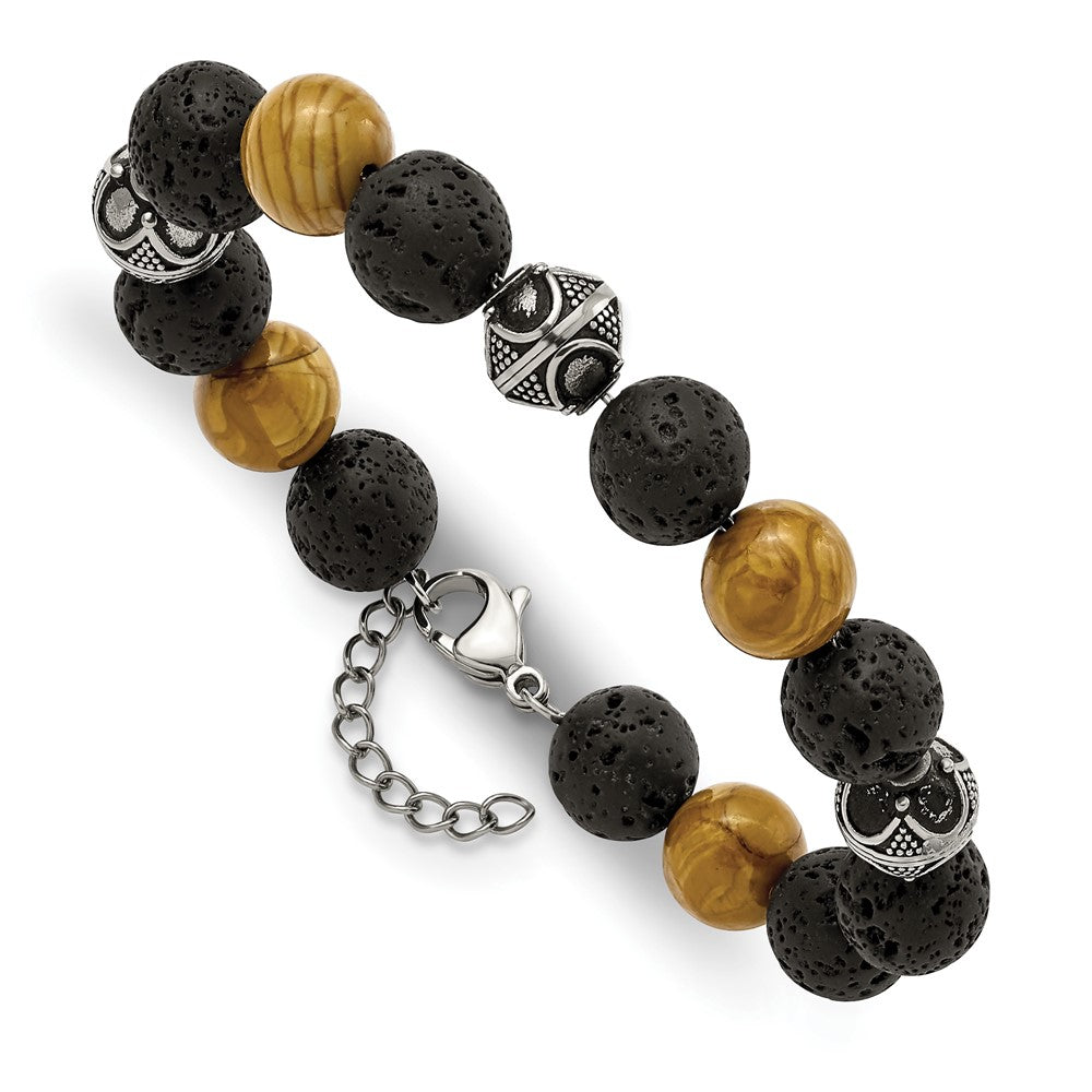 Stainless Steel Antiqued 9.5-10mm Lava/Red Wood Stone w/1in ext Bracelet 7.25 inches