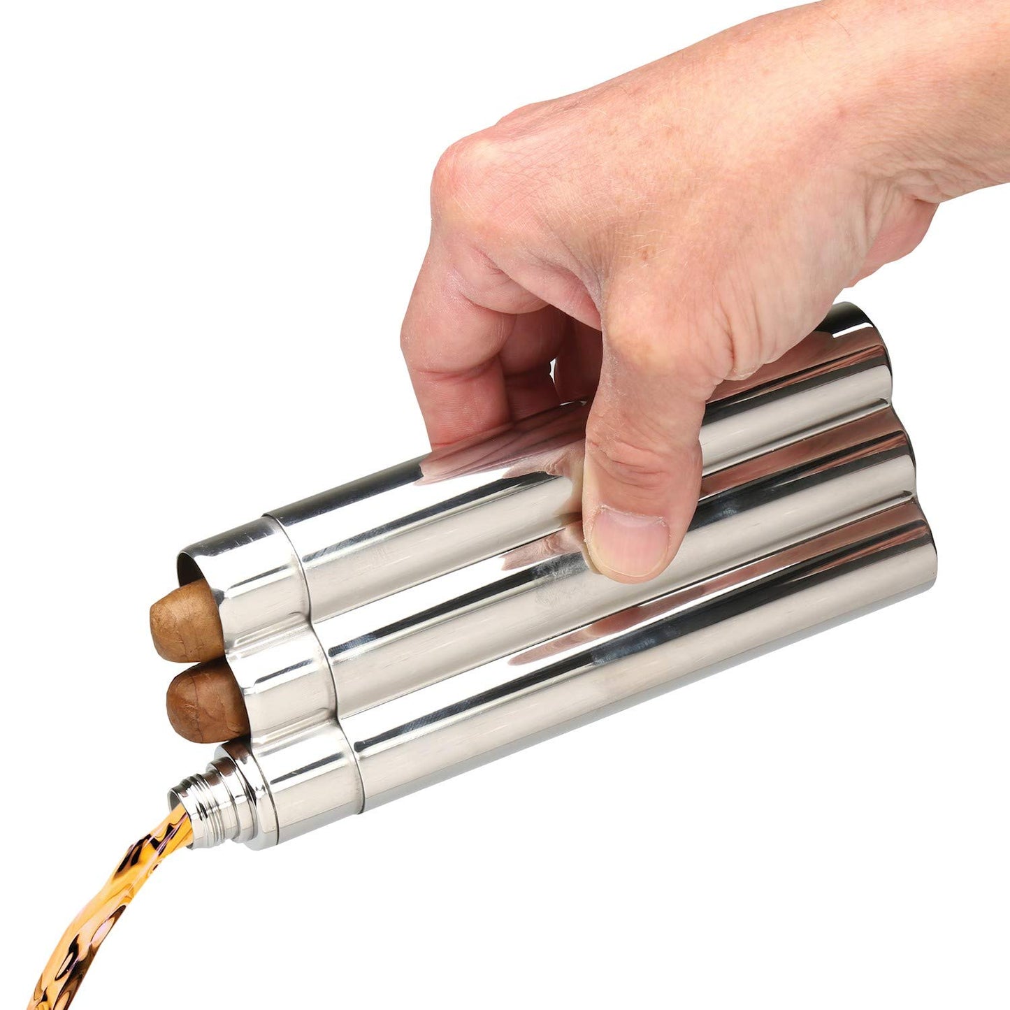 Bey Berk Stainless Steel Double Cigar Tube With 2 Oz. Flask