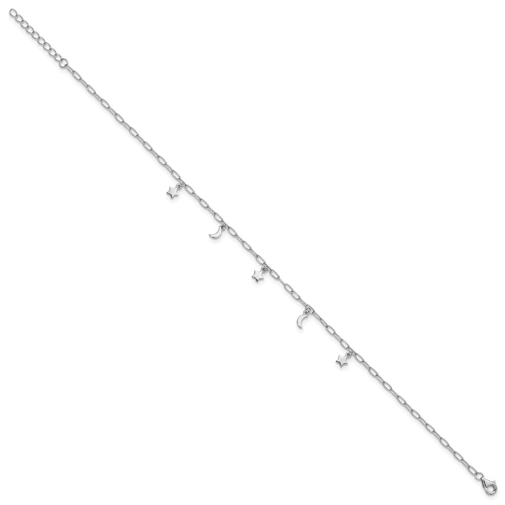 Sterling Silver Rhodium-plated Polished Moon and Star Dangles 9 Inch with 1 Inch Extension Anklet