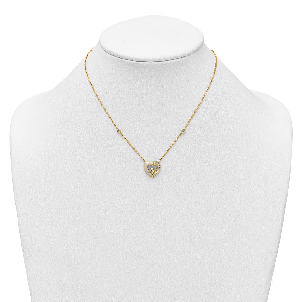Sterling Silver Gold-tone Polished CZ and Champagne Enamel Open Heart 16 inch with 2 inch Extension Necklace 16 Inches