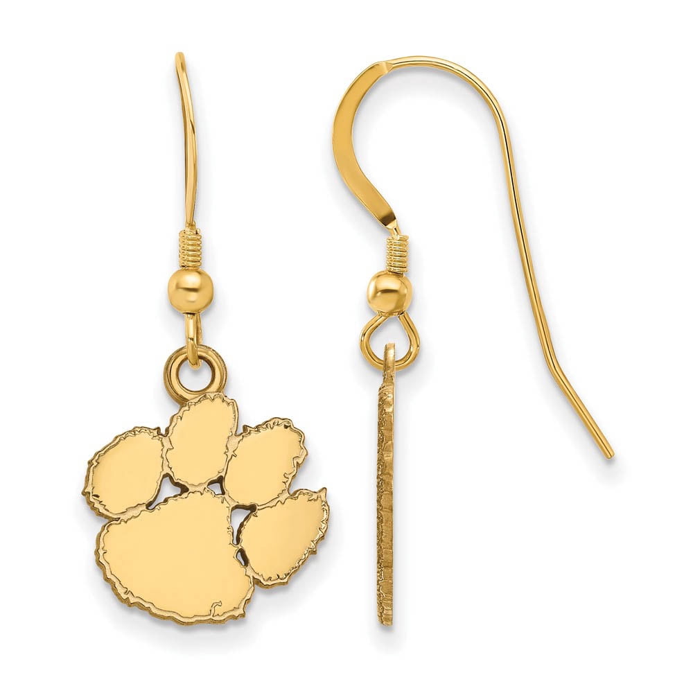 Sterling Silver Gold-plated LogoArt Clemson University Tiger Paw Small Dangle Wire Earrings QGP007CU