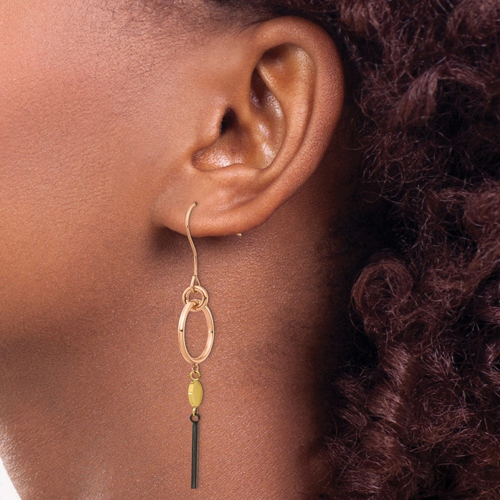 Stainless Steel Polished Black, Rose & Yellow IP-plated Dangle Earrings