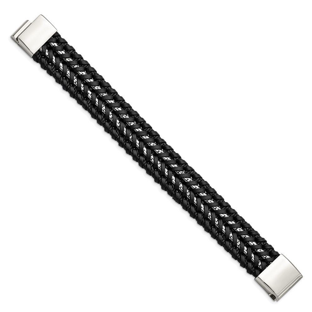 Stainless Steel Polished Black Woven Leather and Chain 8.5in Bracelet 8.5 inches