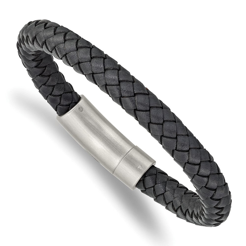 Stainless Steel Brushed Grey Leather 8.25in Bracelet 8.25 inches