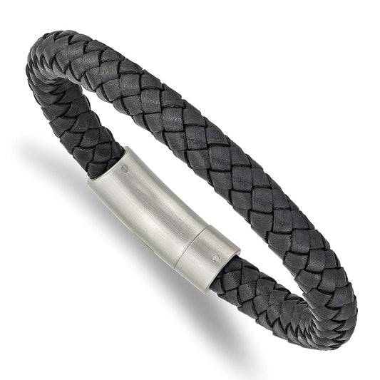 Stainless Steel Brushed Grey Leather 8.25in Bracelet 8.25 inches
