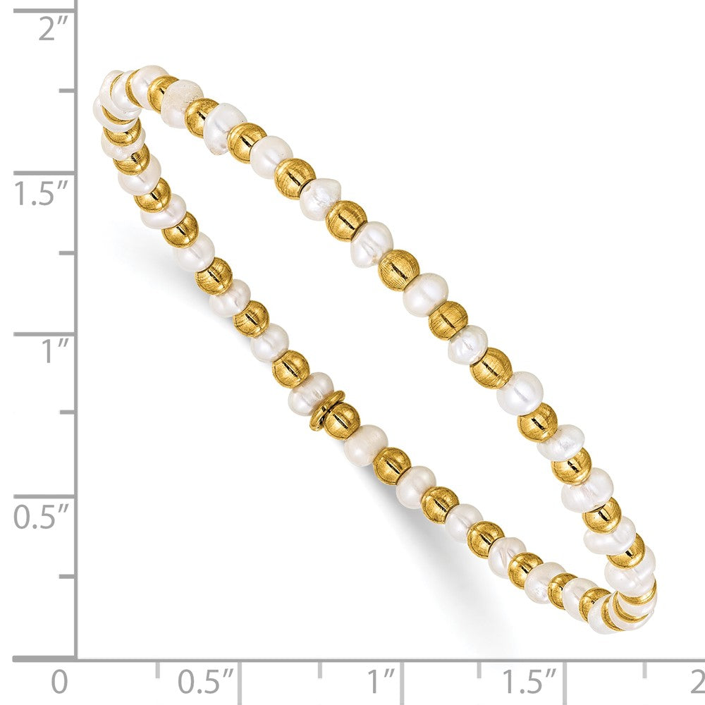 Chisel Stainless Steel Polished Yellow IP-plated 3mm White Freshwater Cultured Pearl Beaded 6.5 inch Stretch Bracelet 6.5 inches