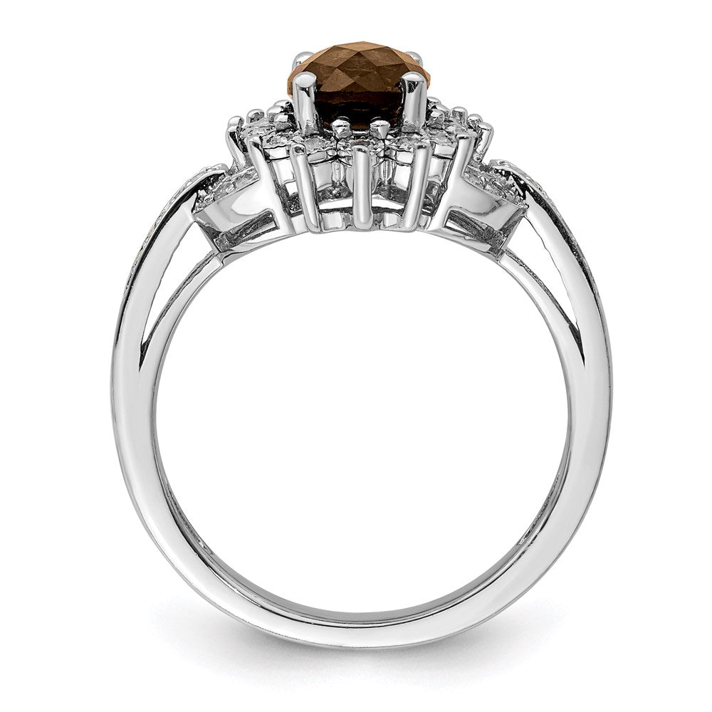 Sterling Silver Rhodium Diam. & Oval Checker-Cut Smoky Quartz Ring