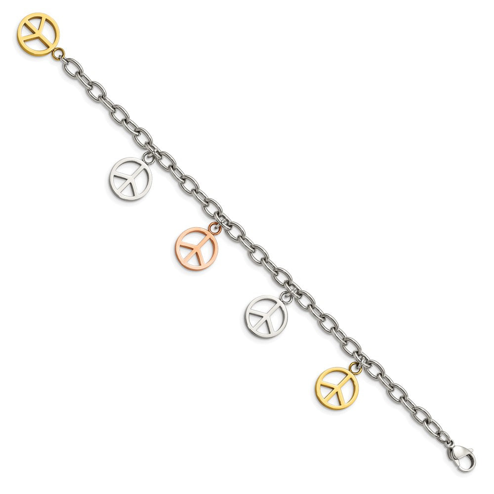 Stainless Steel Polished Rose & Yellow IP Peace Sign Charms 8.5in Bracelet 8.5 inches