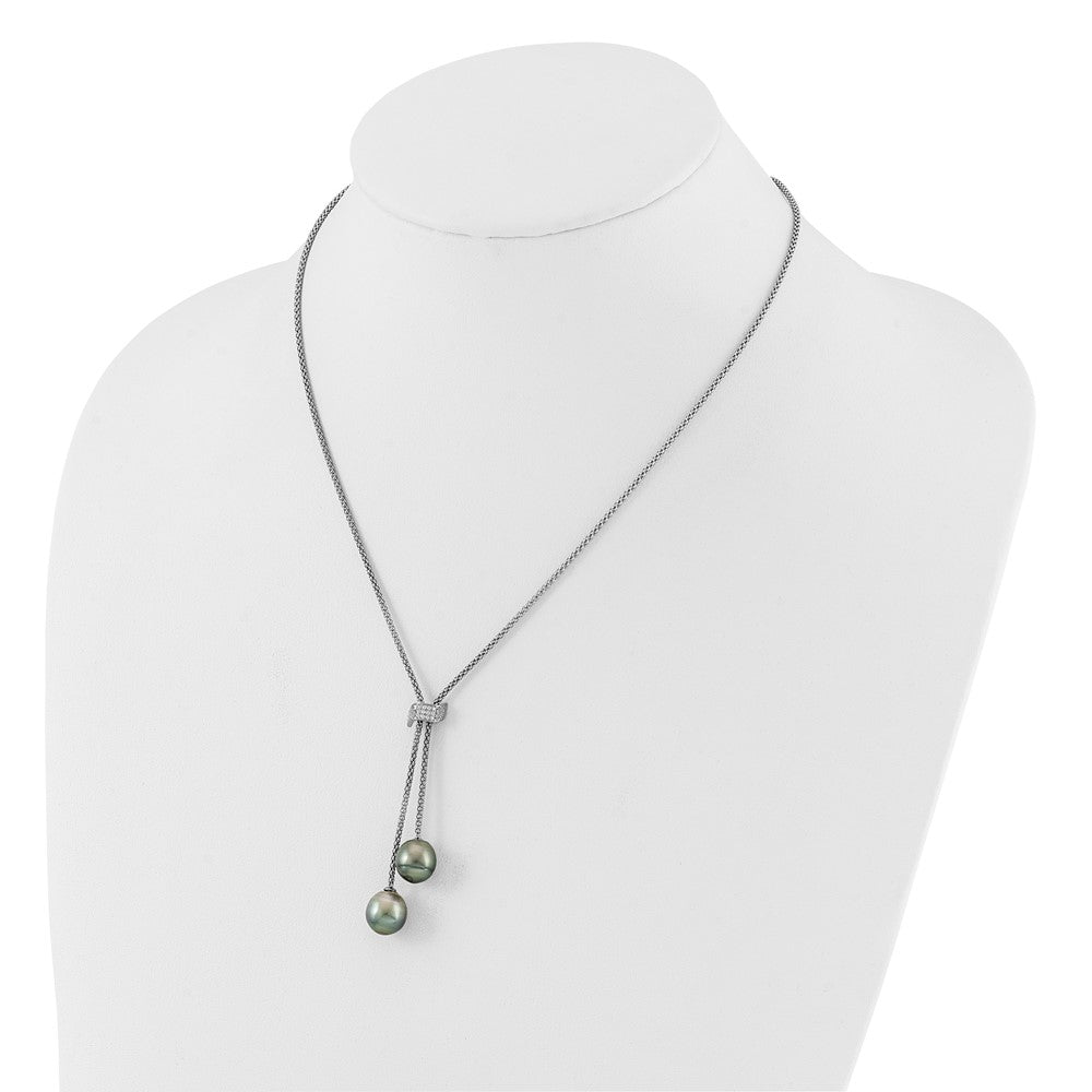 Sterling Silver Rhodium-plated 7-8mm Black Teardrop Tahitian Saltwater Cultured Pearl and CZ Dangle 18 inch with 2 inch Extension Necklace 18 Inches
