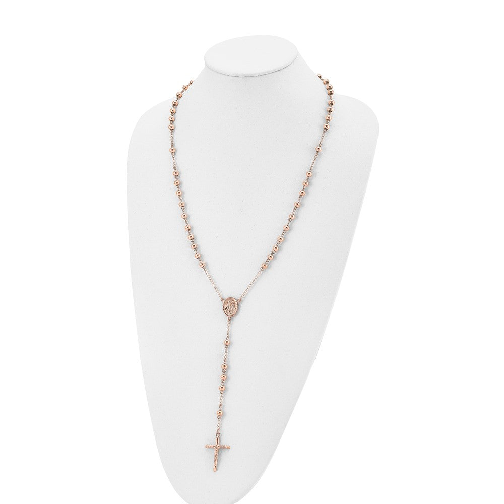 Stainless Steel Polished Rose IP-plated 30in Rosary Necklace