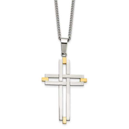 Stainless Steel Polished Yellow IP-plated Cross 22in Necklace