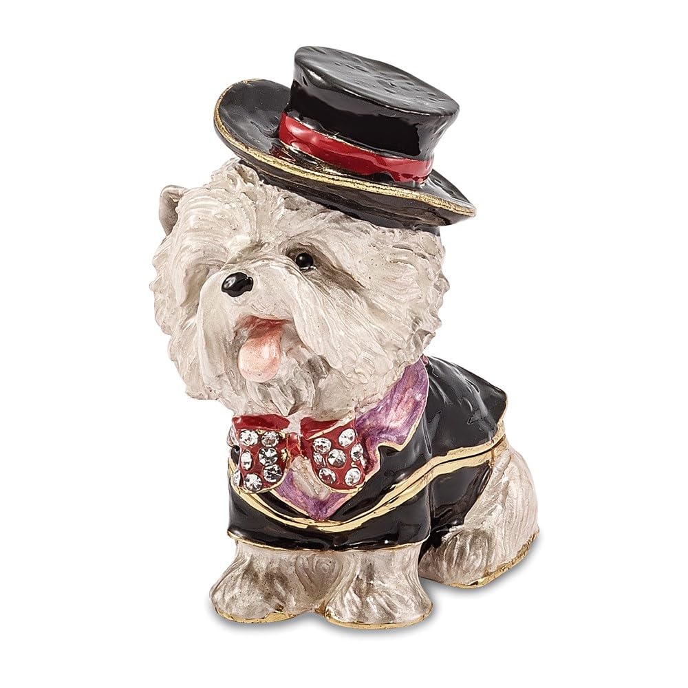 Jere Luxury Giftware Bejeweled R. BUTLER Tuxedo Dog Pewter and Enamel Trinket Box and Matching Pendant Charm