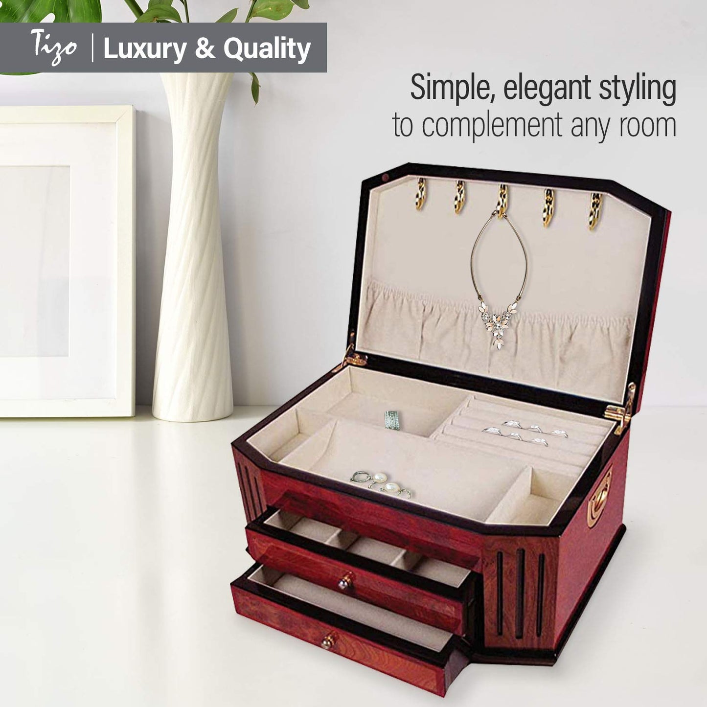 High Gloss Burlwood Finish with Black Accents Two Drawer Wooden Jewelry Box