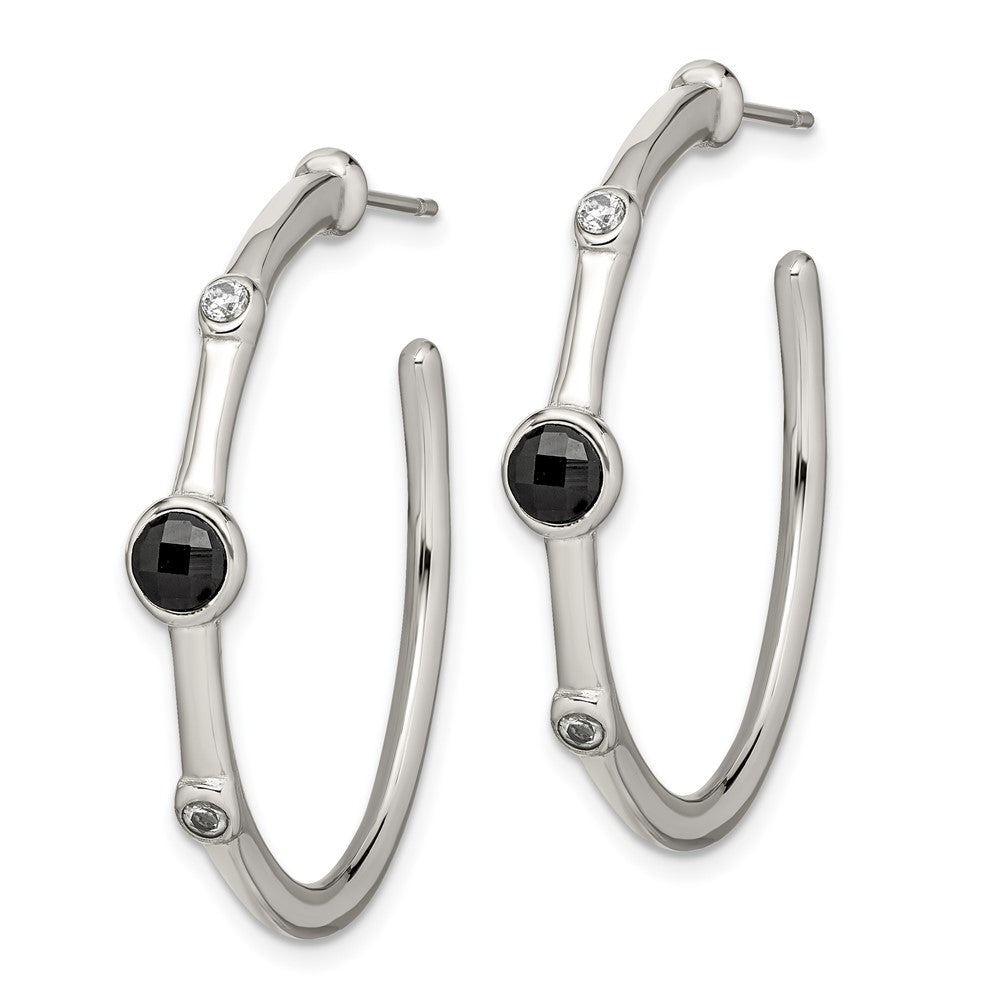 Stainless Steel Polished w/Black Onyx and CZ Post Hoop Earrings