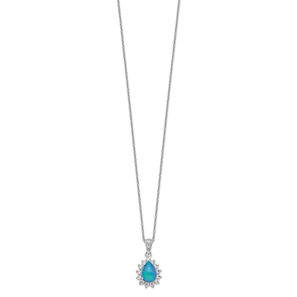 Cheryl M Sterling Silver Rhodium-plated Cabochon Lab Created Blue Opal and Brilliant-cut CZ Pear 18 Inch Necklace 18.5 Inches