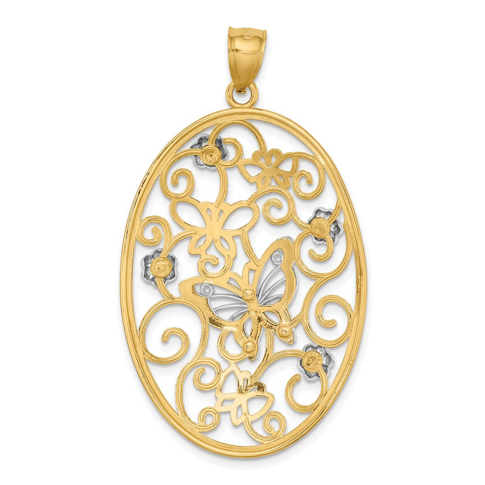 14k Two-Tone w/Rhodium Butterfly and Flowers in Oval Frame Charm