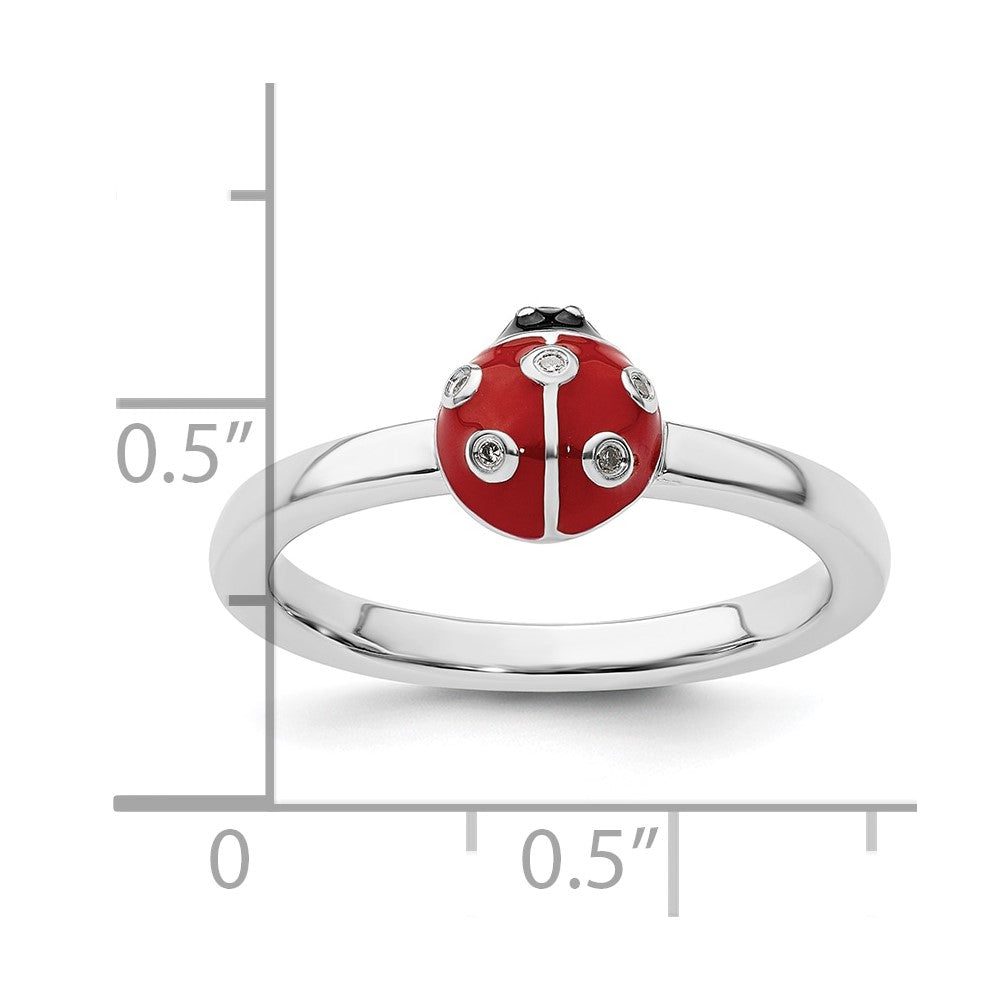 Sterling Silver Stackable Expressions Red /Blk Enamel Ladybug w/Diamond Rin Size -5
