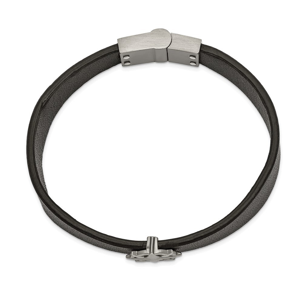 Stainless Steel Brushed Antiqued White Bronze Leather Compass Bracelet 8.25 inches