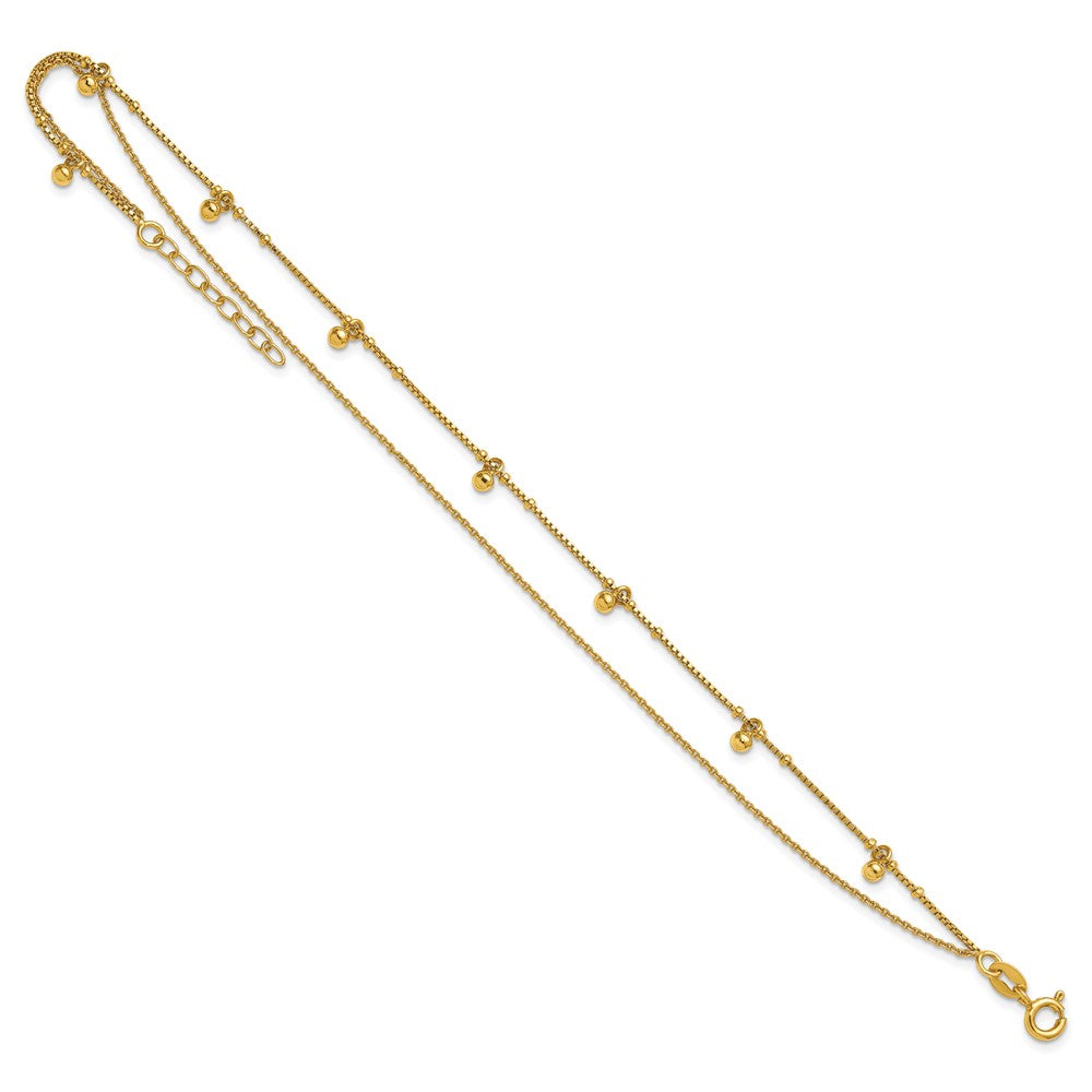 Sterling Silver Gold-tone Polished and Beaded Double Strand 9 inch with 1 inch Extension Anklet