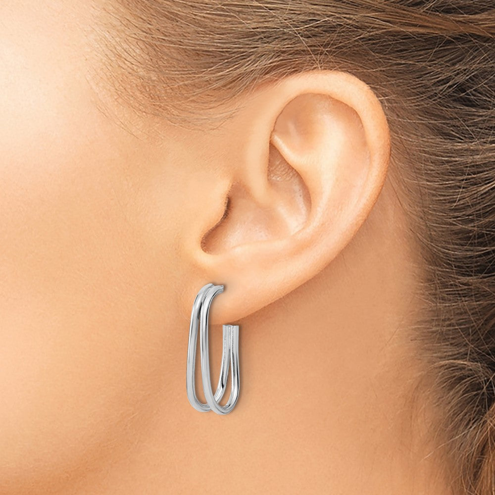 Sterling Silver RH-plated Polished Oval J-Hoop Post Earrings