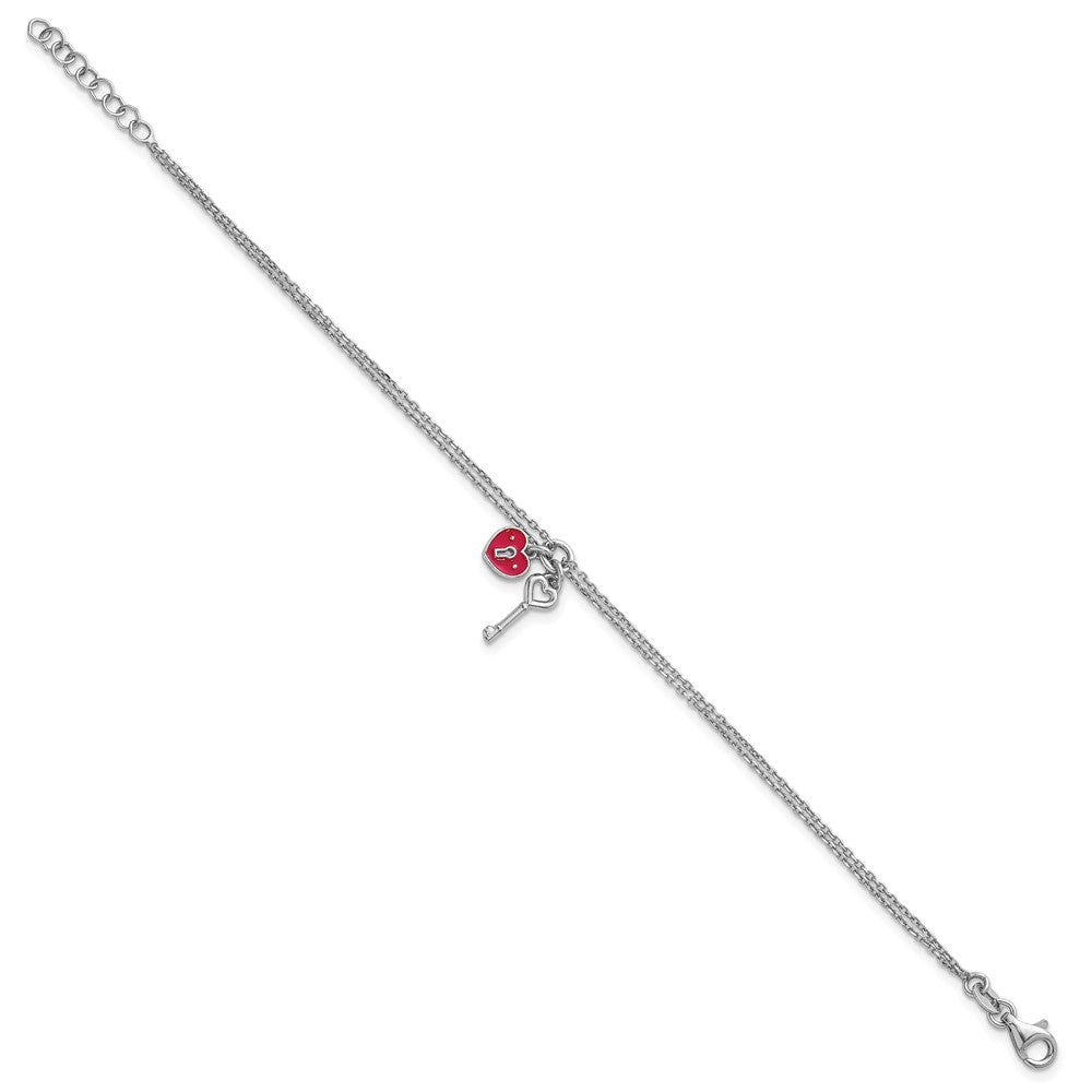 Sterling Silver Rh-plat 2 Strand Enamel Heart Lock Key w/.75in ext Bracelet 7.5 inches