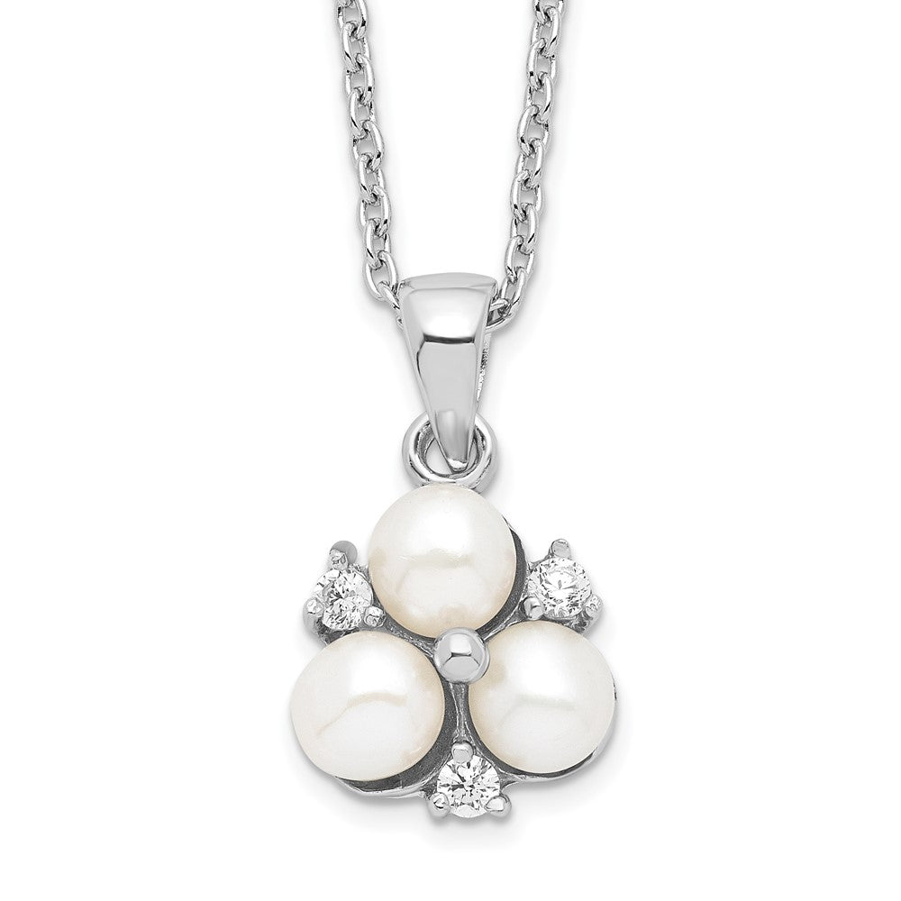 Sterling Silver Rhodium-plated 5-6mm White Button Freshwater Cultured 3-Pearl and CZ 17 inch Necklace 17 Inches