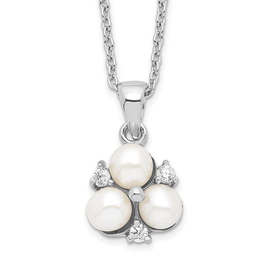 Sterling Silver Rhodium-plated 5-6mm White Button Freshwater Cultured 3-Pearl and CZ 17 inch Necklace 17 Inches