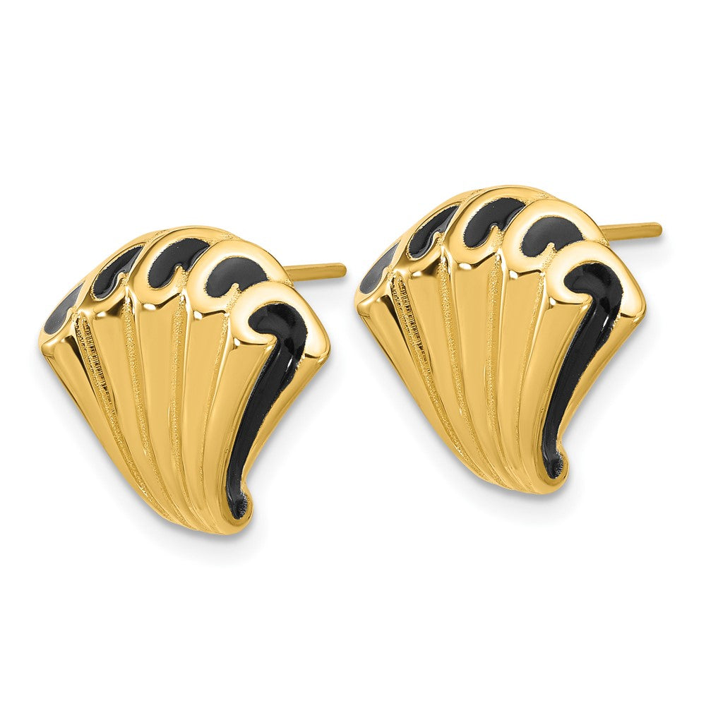 14K Gold with Black Enamel Polished Fancy Post Earrings