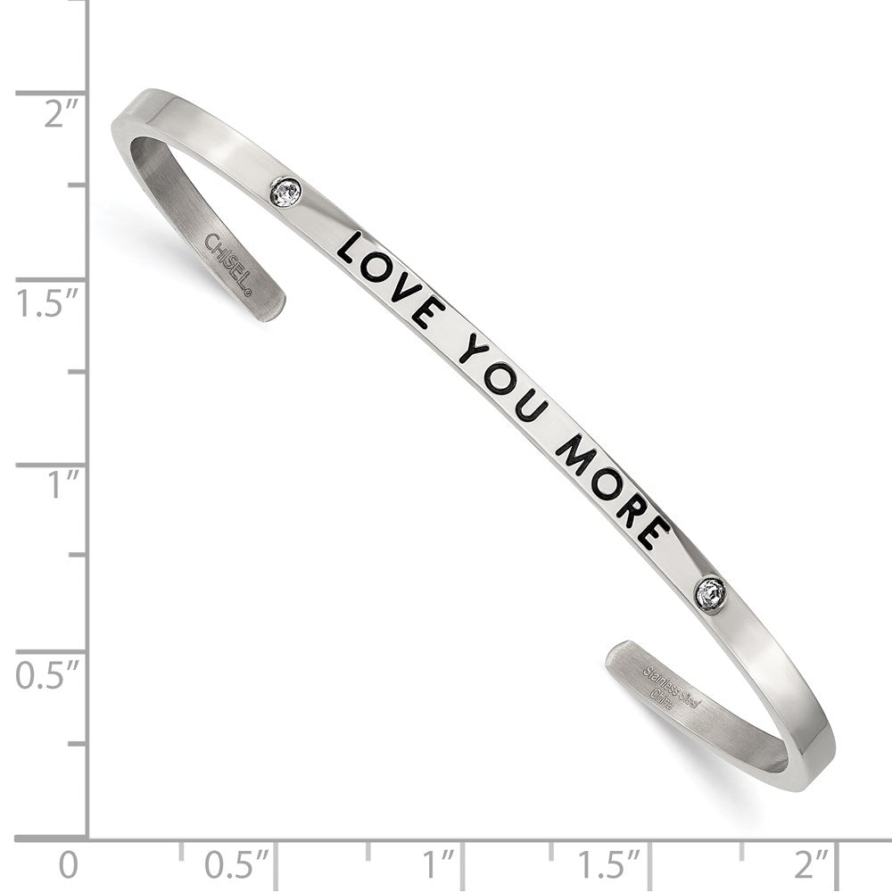 Stainless Steel Polished Enamel/Crystal LOVE YOU MORE 3mm Cuff Bangle 6.75 inches