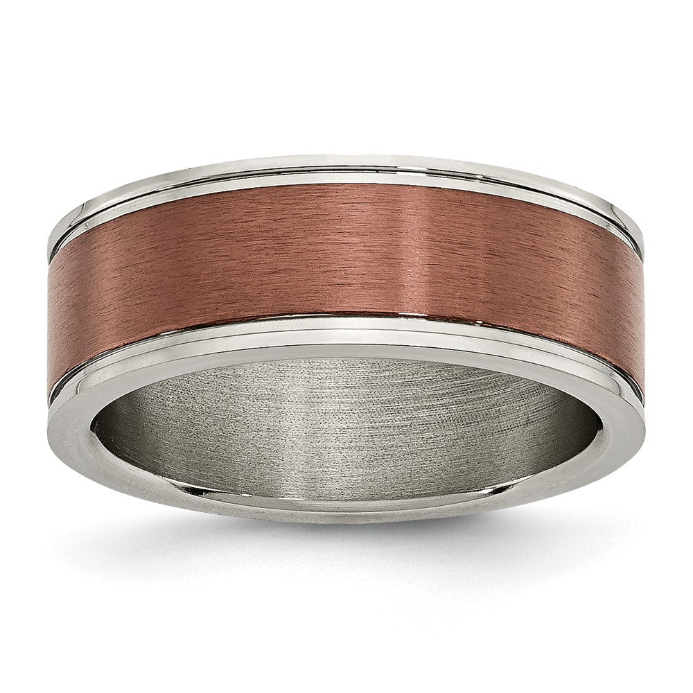 Titanium Brushed Center Brown IP-plated 8mm Grooved Edge Band Size - 10.5