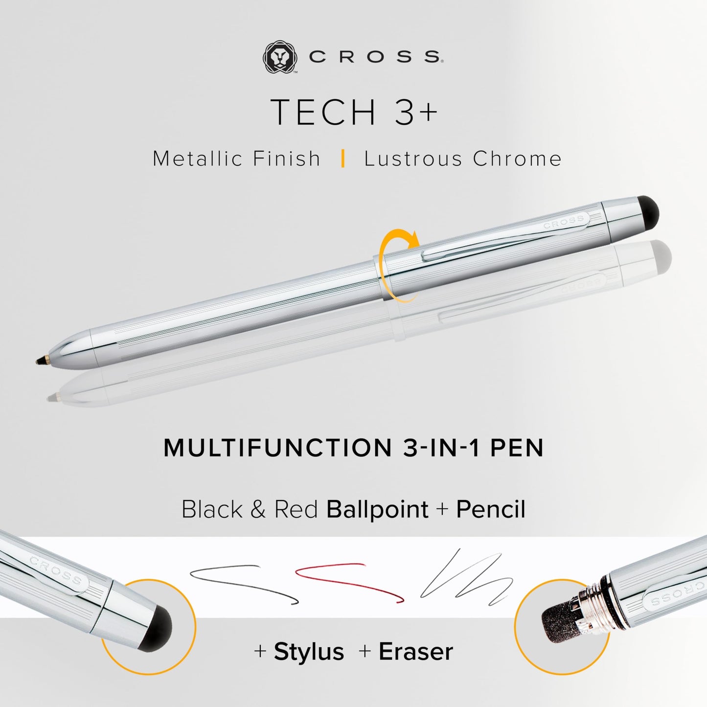 Cross Tech3+ Engraved Refillable Multi-Function Ballpoint Pen with Stylus, Medium Ballpen And Pencil, Includes Premium Gift Box - Lustrous Chrome