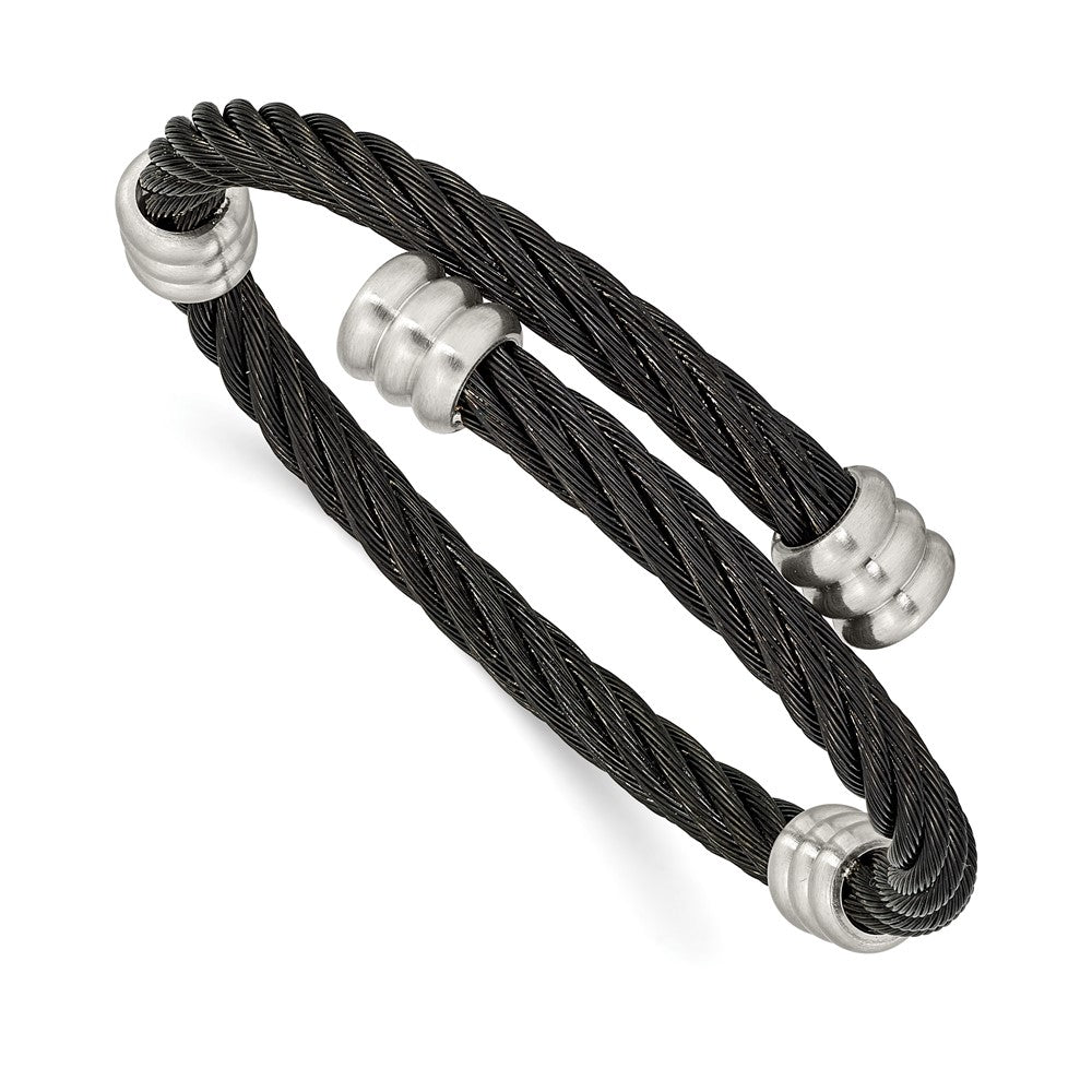 Stainless Steel Brushed and Polished Black IP Wire Flexible Bangle 6.75 inches