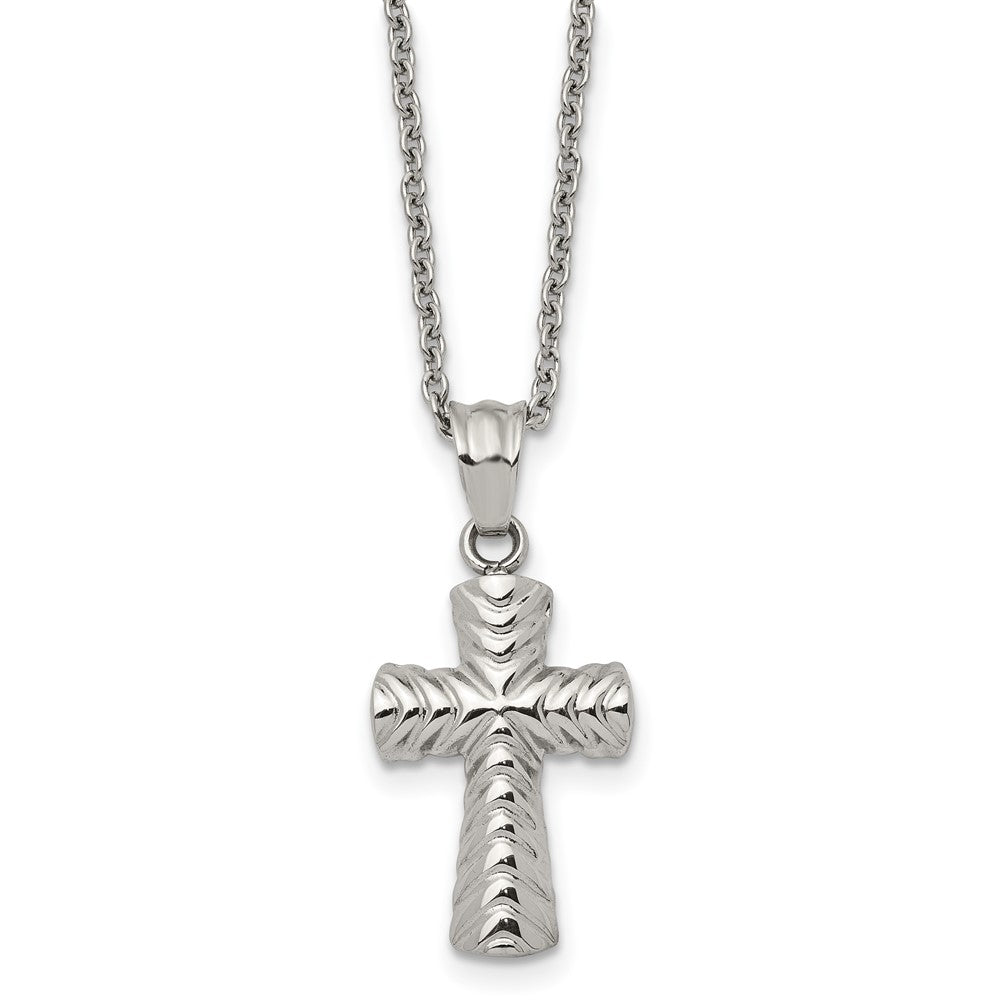 Stainless Steel Polished and Textured Cross 22in Necklace