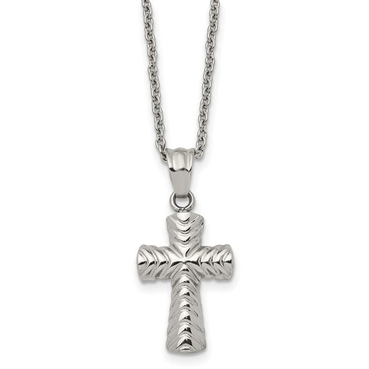 Stainless Steel Polished and Textured Cross 22in Necklace