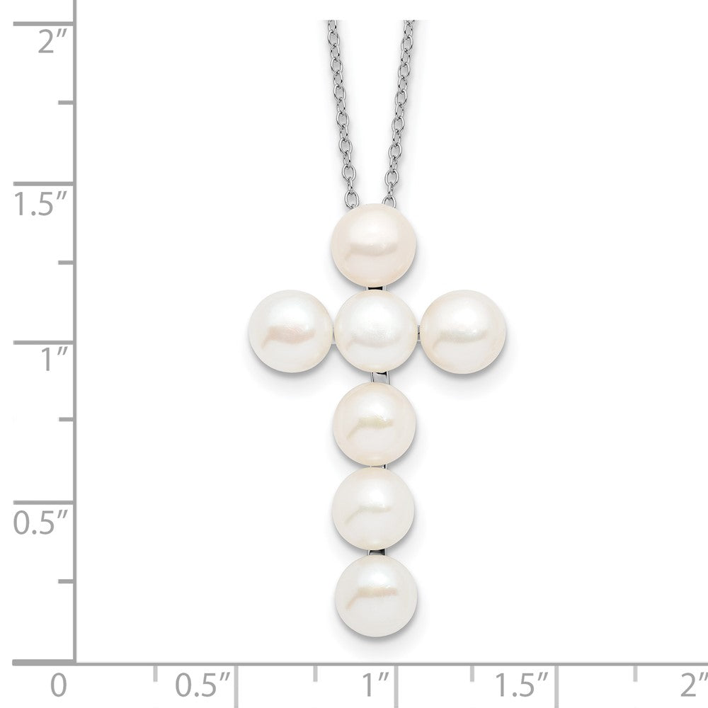 Sterling Silver Rhodium-plated 6-7mm White Button Freshwater Cultured Pearl Cross 17 inch Necklace 17 Inches