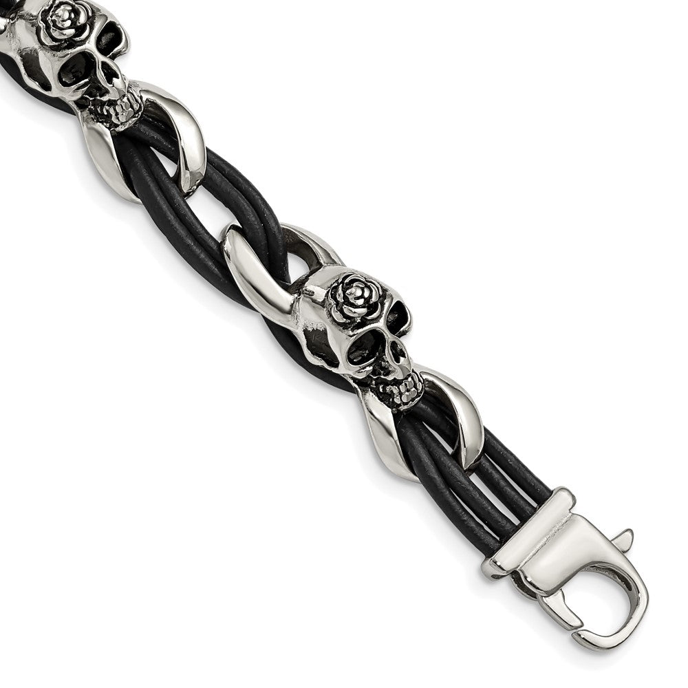 Stainless Steel Antiqued and Polished Skulls/Roses Black Leather Bracelet 8 inches