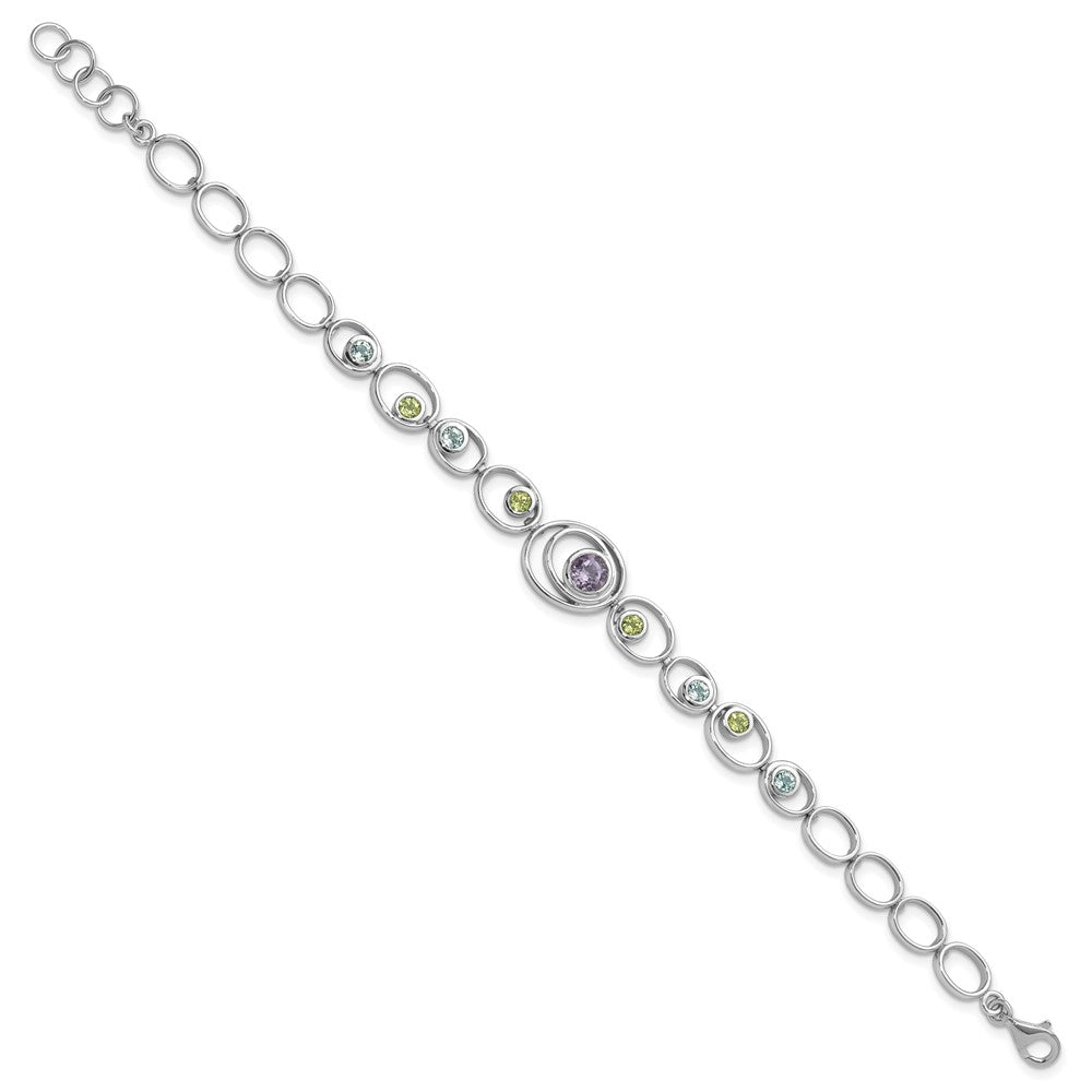 Sterling Silver Rhodium-plated w/Peridot, Blue Topaz &Amethyst Bracelet 7.25 inches
