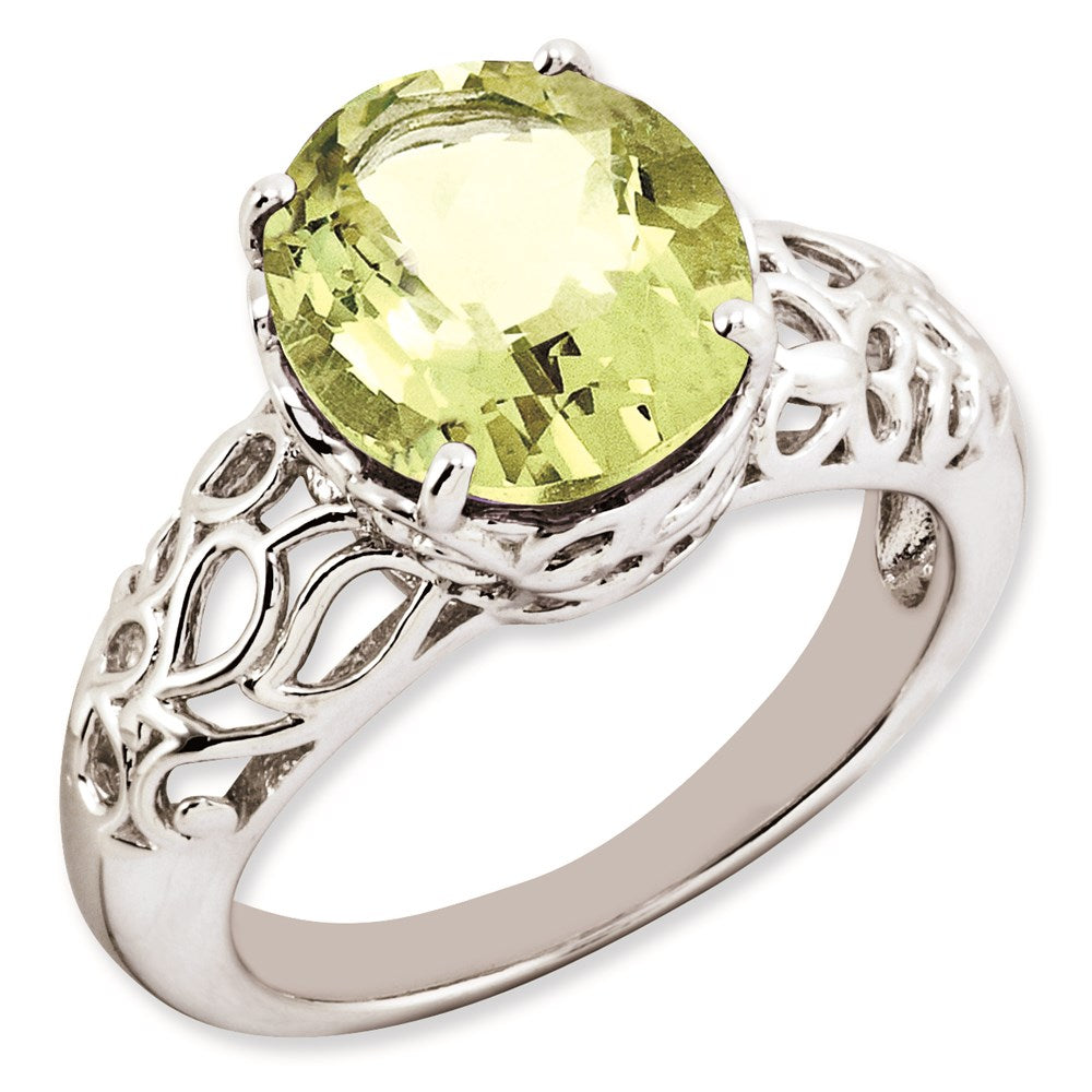 Sterling Silver Rhodium-plated Oval Lemon Quartz Ring